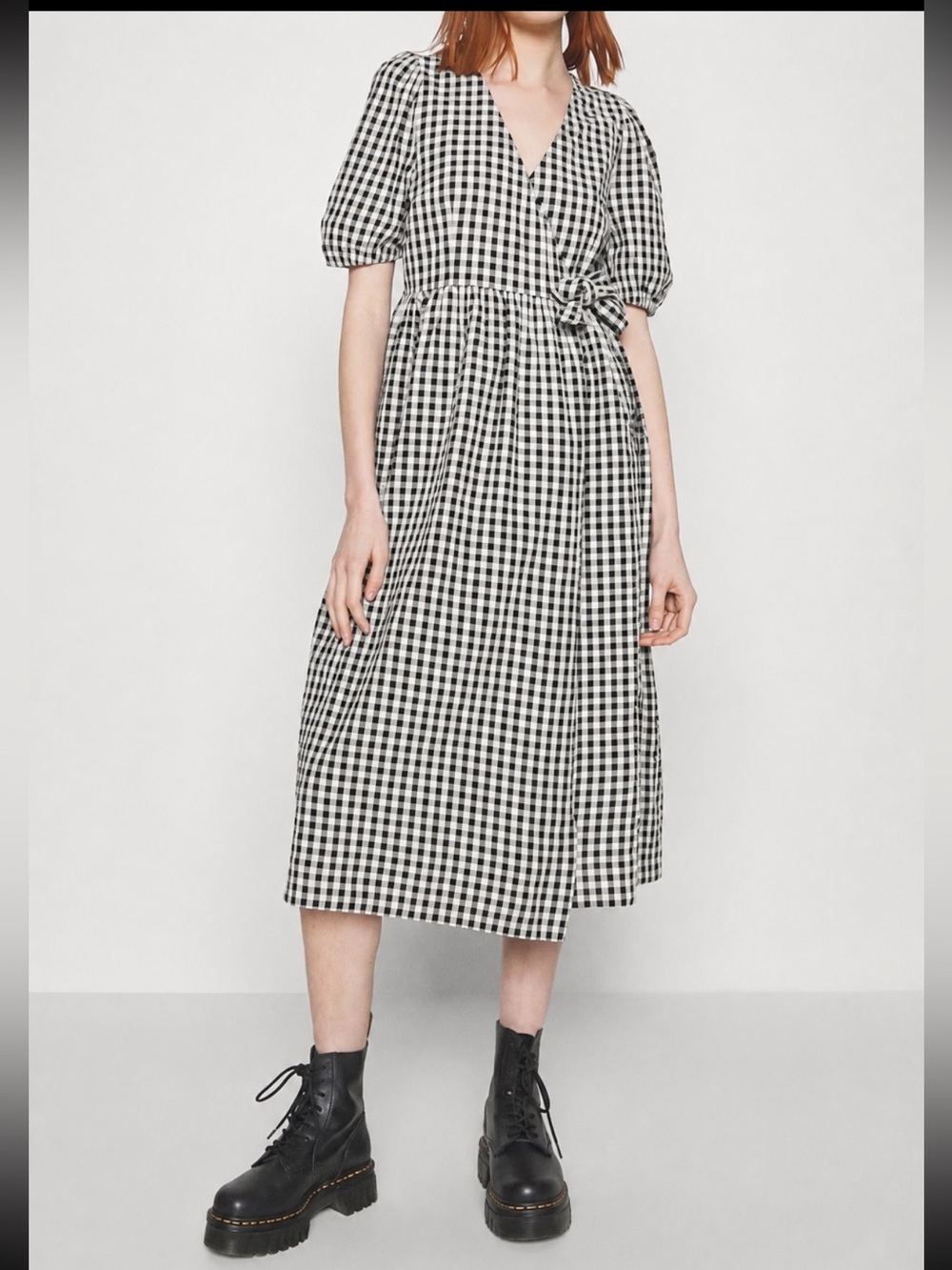 Monkl Black & White Gingham Tie-Waist Wrap Midi Dress Puff Sleeves Size Small